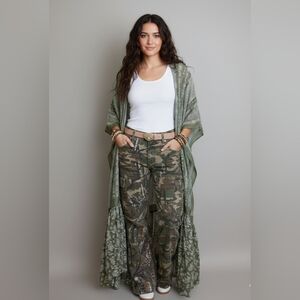 115 | Olive Green Paisley Print Ruffle Hem Duster